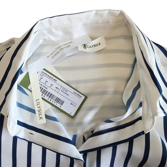LILYSILK Oversized Palma Stripe Silk Button Down Shirt, Size Small, White & Blue - Picture 5 of 16